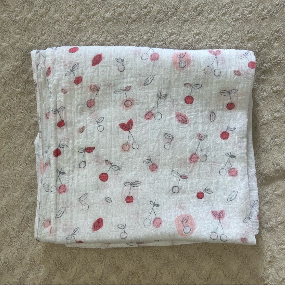 Angel Dear Cherry Baby Swaddle Blanket Pink White Cotton Bamboo Blend Cherries